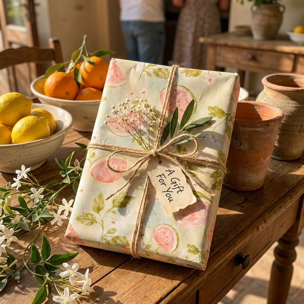 Rustic citrus floral wrapping paper by Wrapped Studios on a gift box tied with natural twine.