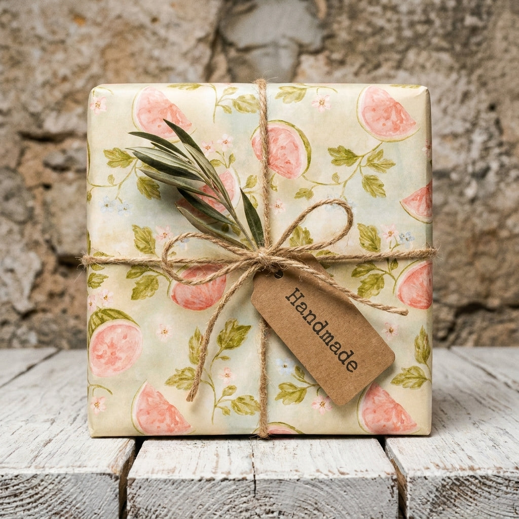 Watermelon botanical wrapping paper on a rustic gift box with twine and handmade tag, by Wrapped Studios.