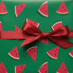 Playful watermelon slice wrapping paper with a red satin bow, perfect for summer birthday gift wrap.
