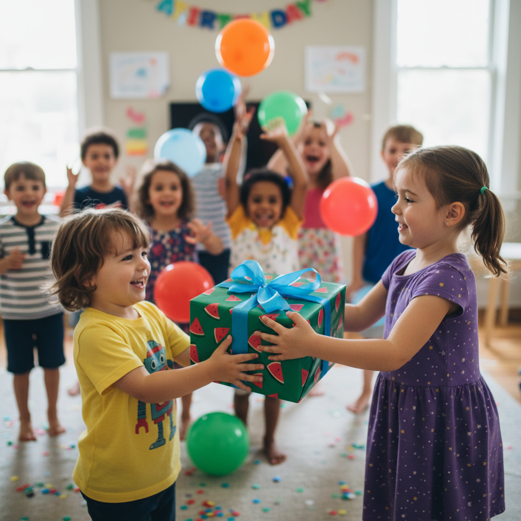 Happy little girl in purple dress giving a boy in yellow shirt a green watermelon birthday gift with a blue bow.