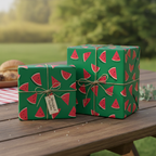 Two gifts in green watermelon print wrapping paper with twine bows on a rustic picnic table.