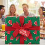 Green watermelon slice wrapping paper with a red bow and "A Little Slice of Joy" tag for a summer birthday party.