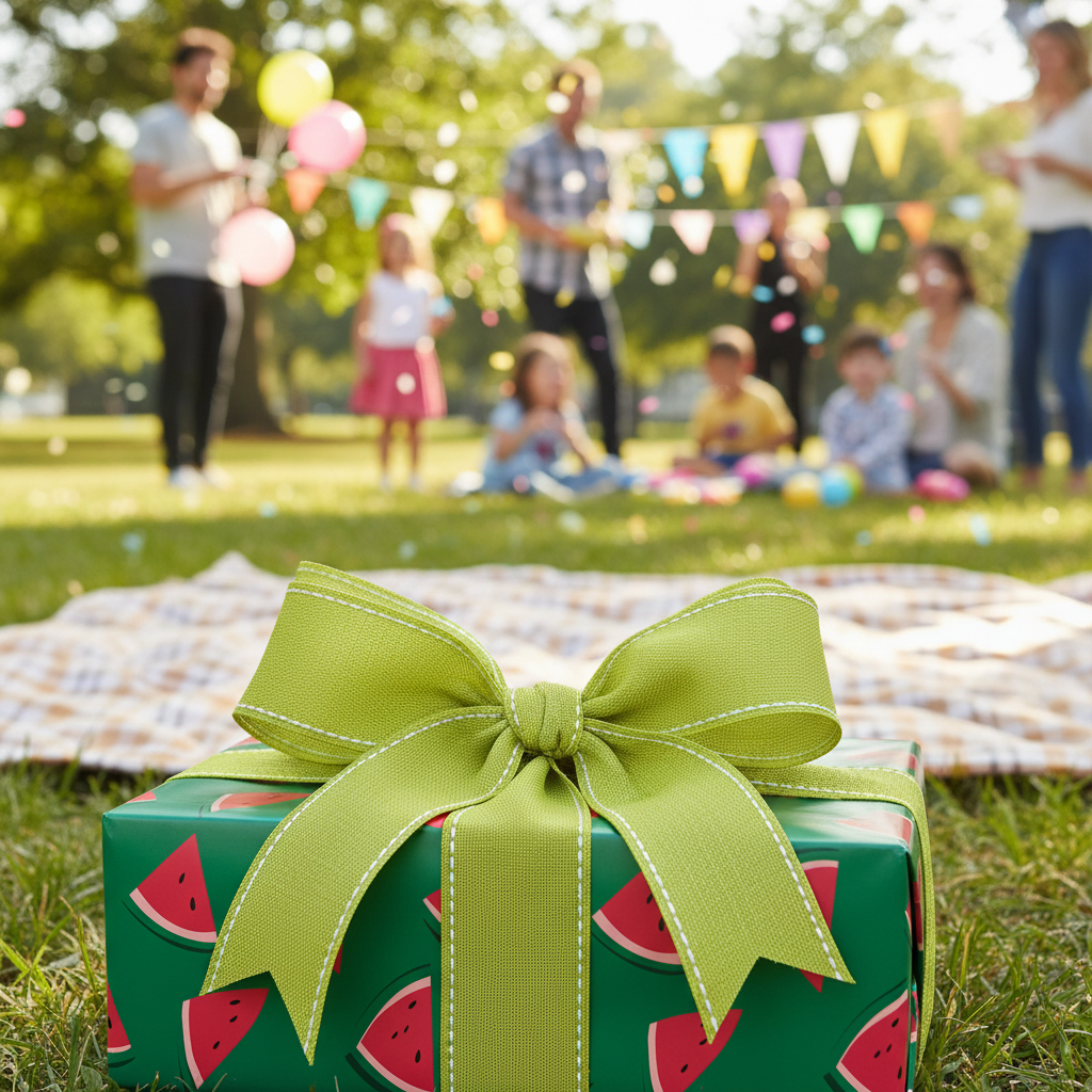 Watermelon print birthday wrapping paper with green ribbon on a picnic blanket, surrounded by a lively outdoor party.