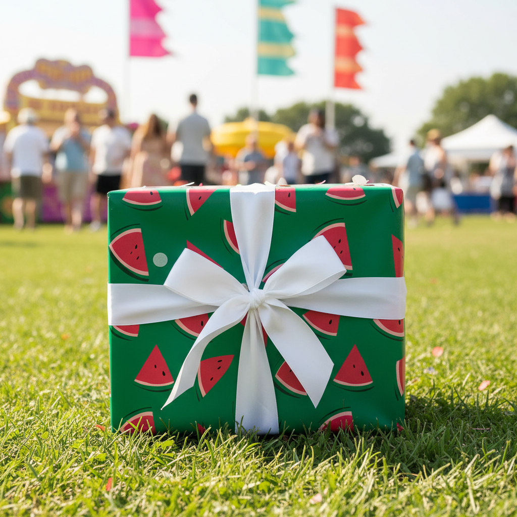 Festive watermelon print wrapping paper with a white ribbon bow on green grass, perfect for summer birthday gift wrap.