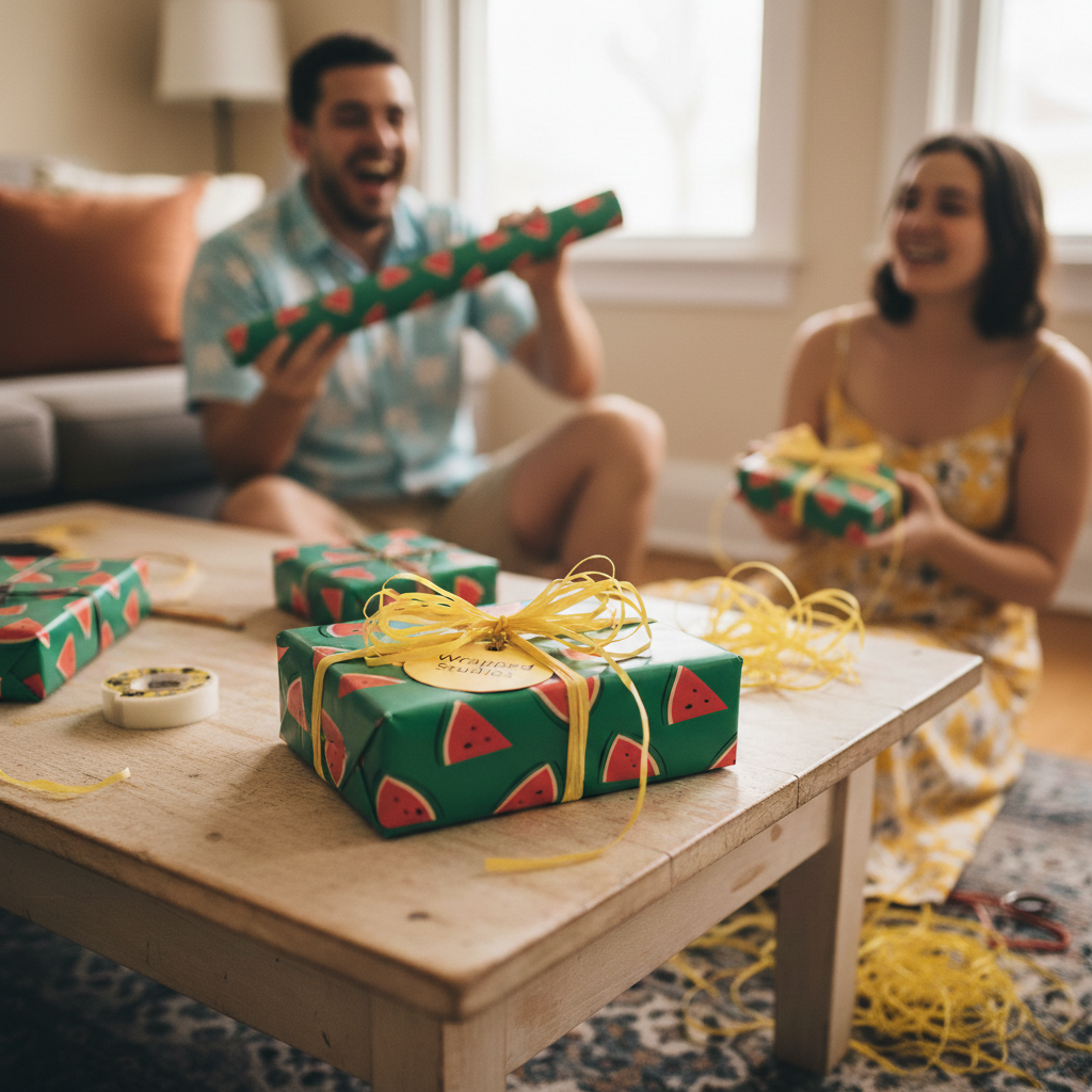 Playful green watermelon slice wrapping paper with yellow ribbon for fun birthday gifts or summer parties.