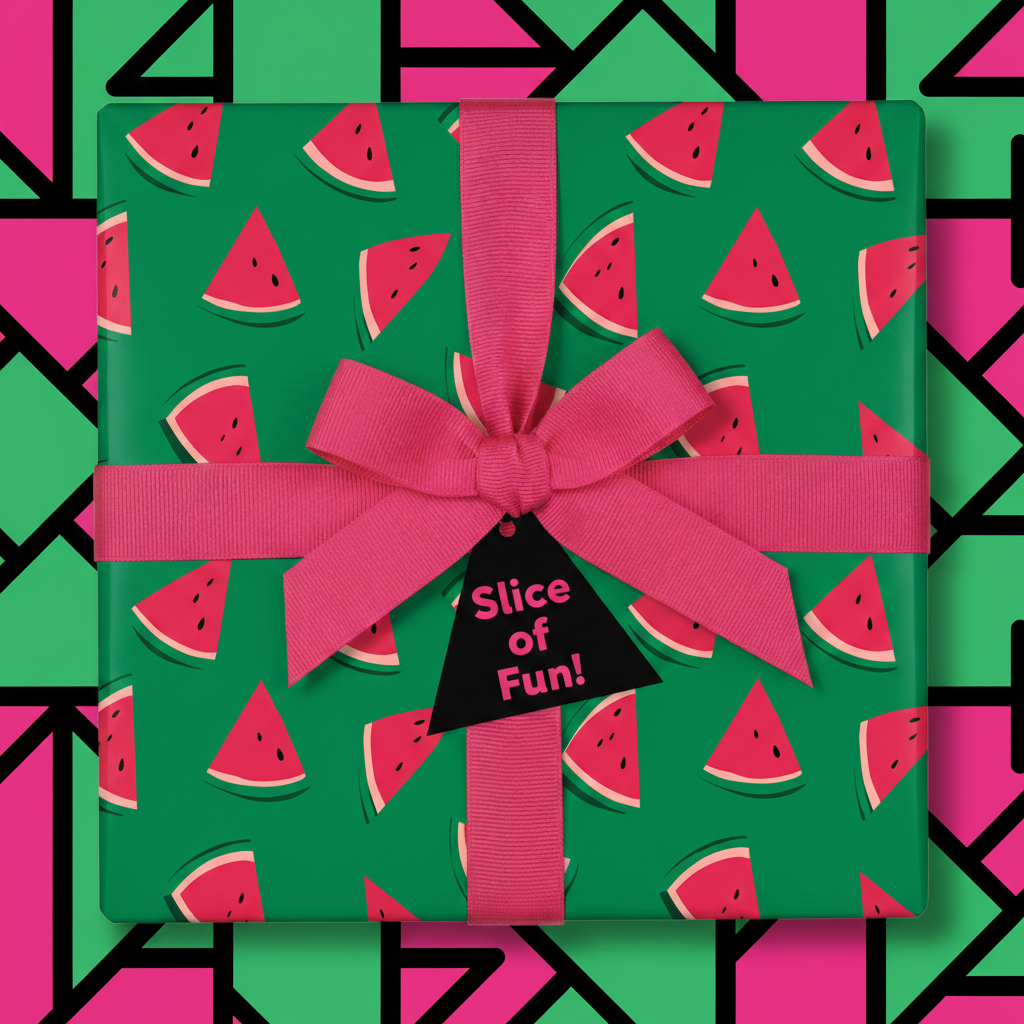 Fun watermelon slice wrapping paper with a pink ribbon and "Slice of Fun!" gift tag, perfect for a playful birthday or summer gift.