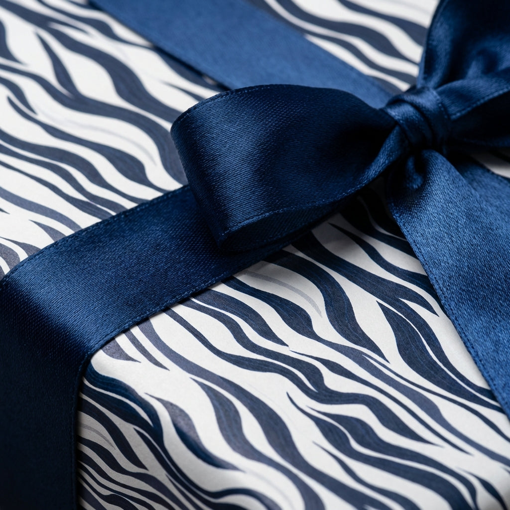 Navy blue and white modern print wrapping paper with a satin ribbon bow.