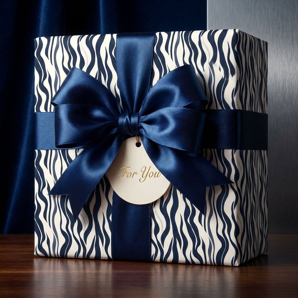 Elegant gift with navy ribbon and modern zebra print wrapping paper. "For You" tag detail.