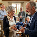 Woman receiving a gift wrapped in zebra stripe wrapping paper with a navy ribbon.