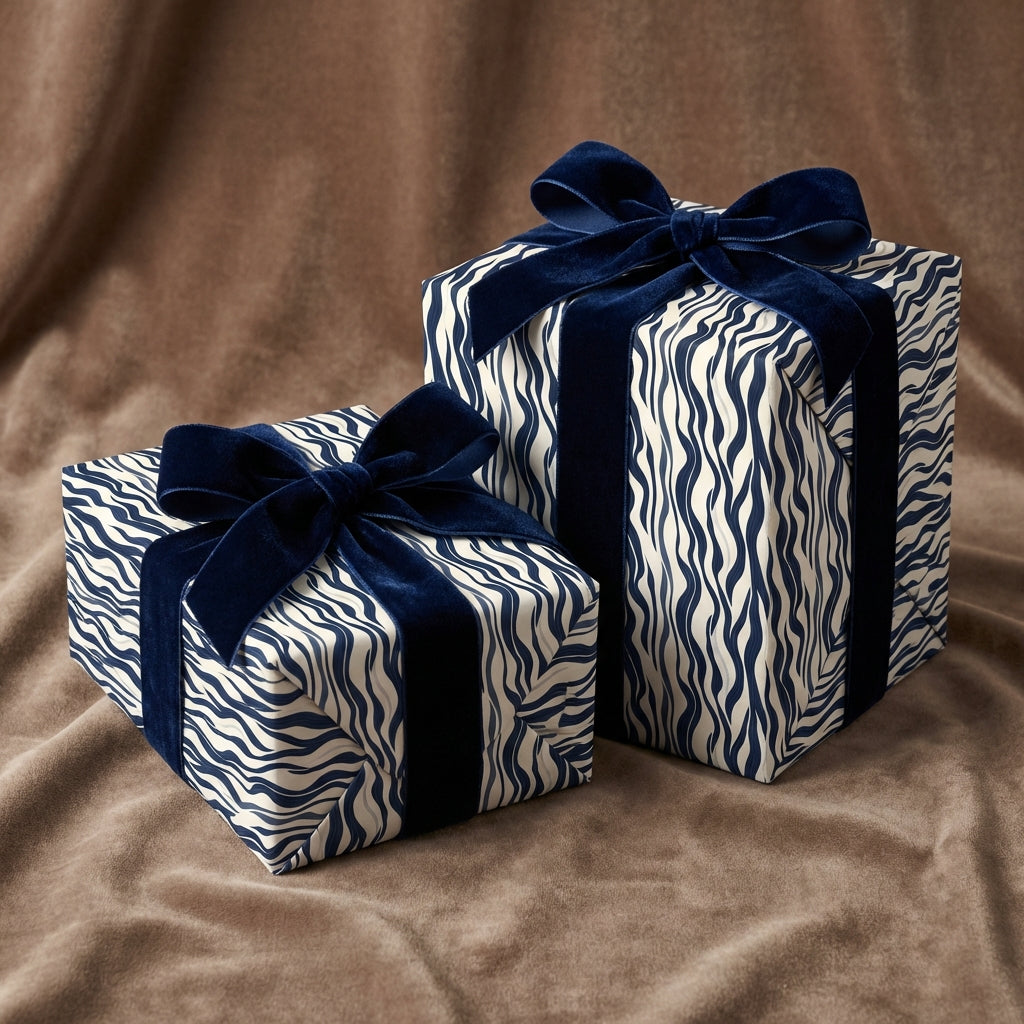 Navy and white wave patterned gift wrap with velvet ribbon for a luxurious presentation from Wrapped Studios.