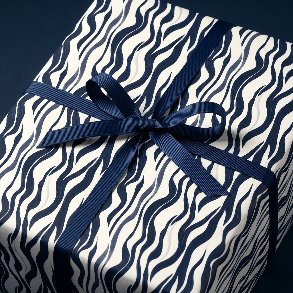 Modern gift wrap: Navy blue wavy line pattern on cream paper with a navy ribbon bow.