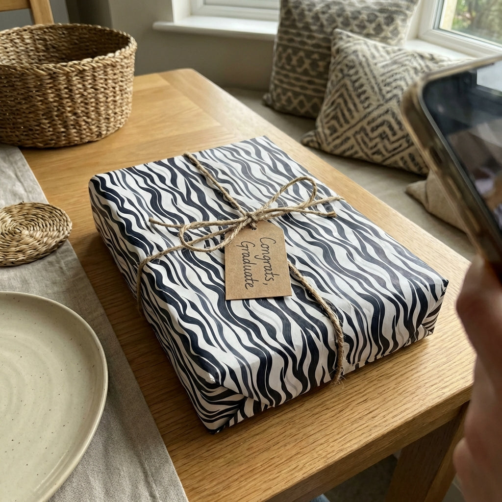 Modern graduation gift wrapped in black & white zebra print paper with a twine bow and "Congrats, Graduate" tag.