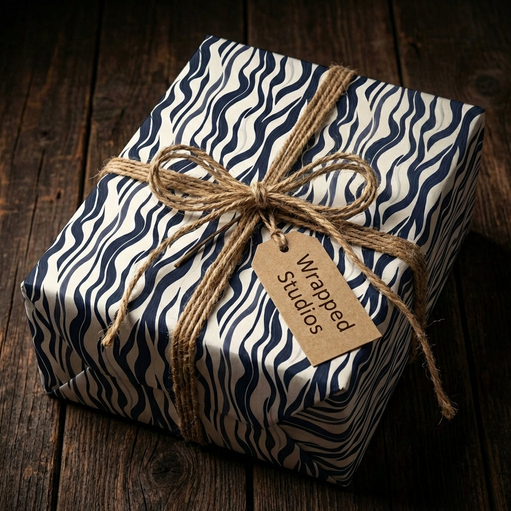 Navy and white wavy stripe wrapping paper with twine bow from Wrapped Studios.