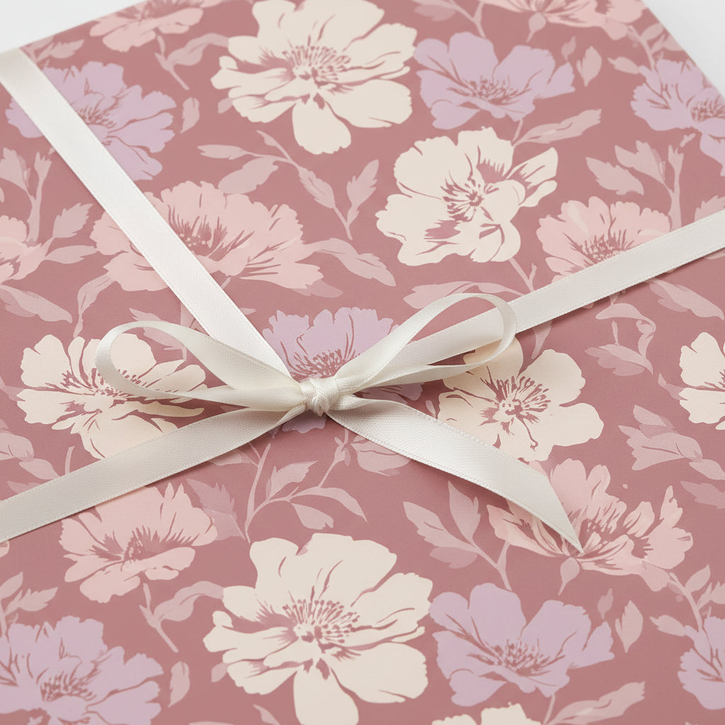 Elegant floral wrapping paper in mauve, lavender, and cream, tied with a simple white satin ribbon.