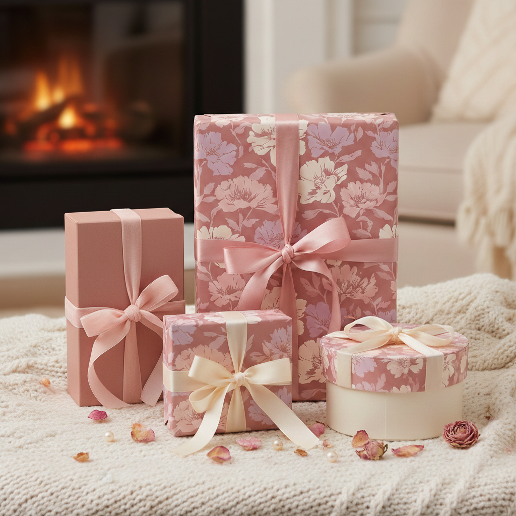 Elegant mauve floral wrapping paper on gifts with ribbon bows; cozy fireside setting.