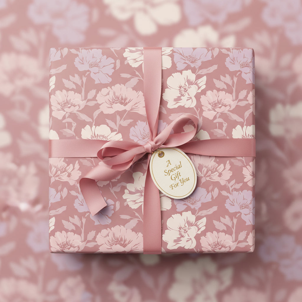Elegant floral wrapping paper in mauve and cream, tied with a satin ribbon and gift tag.