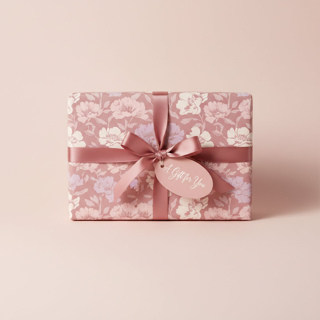 Elegant gift with mauve floral wrapping paper, ribbon, and "A Gift for You" tag.
