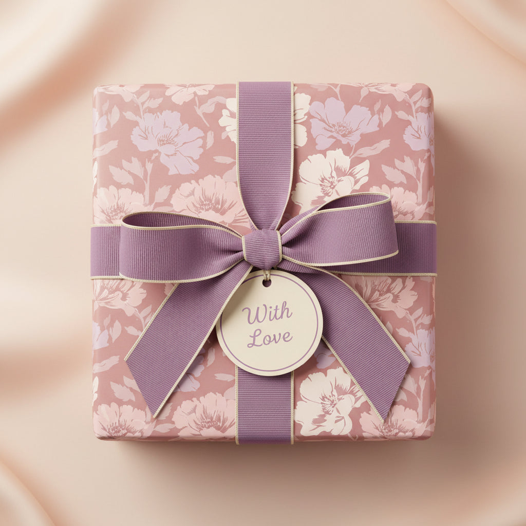 Elegant floral wrapping paper with mauve bow and "With Love" tag, perfect for wedding or birthday gift.