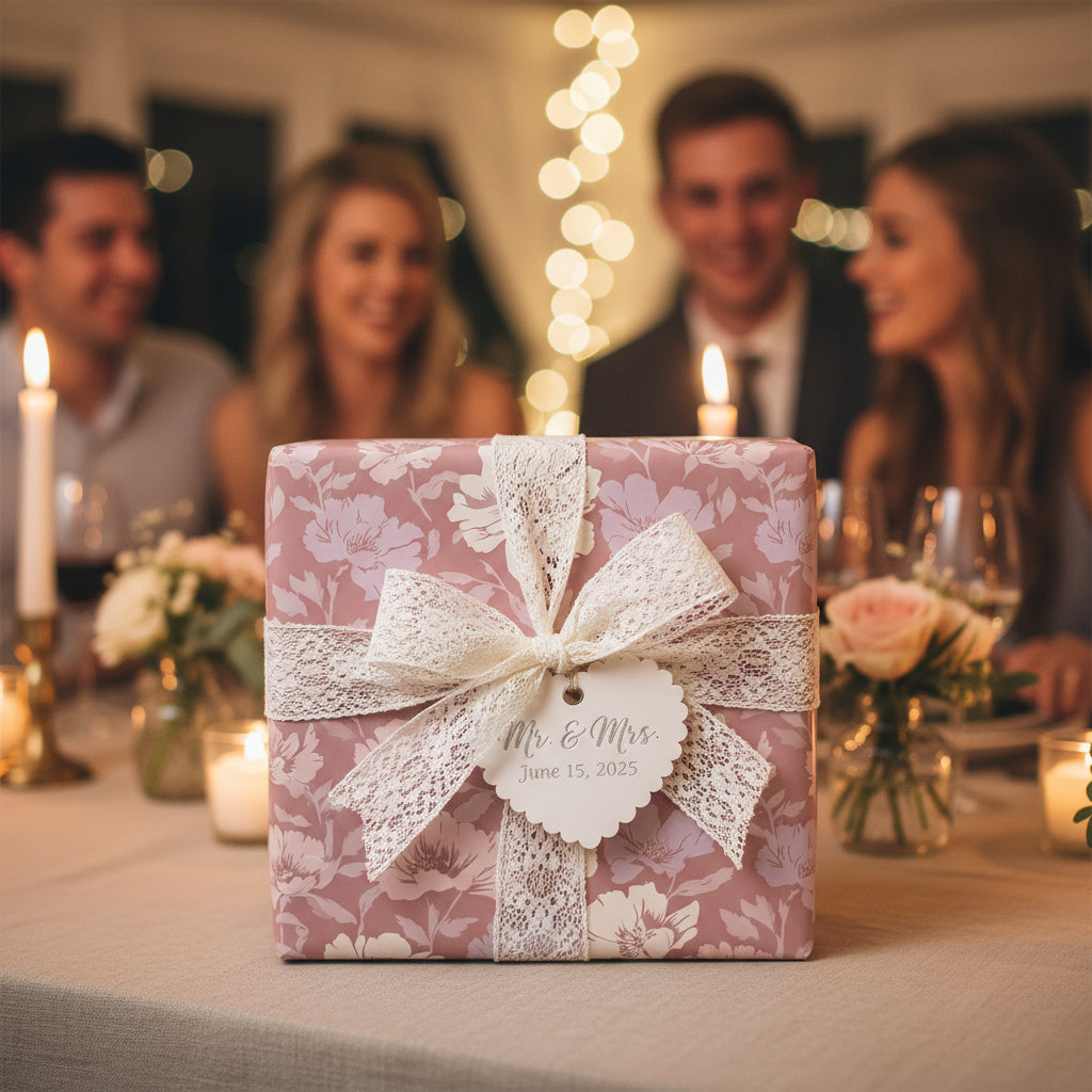 Elegant blush pink floral wrapping paper with lace ribbon and "Mr. & Mrs." tag, perfect for wedding gift wrap.