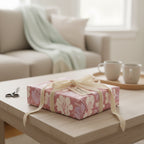 Elegant floral wrapping paper on a gift box with cream ribbon, perfect for birthday presents.