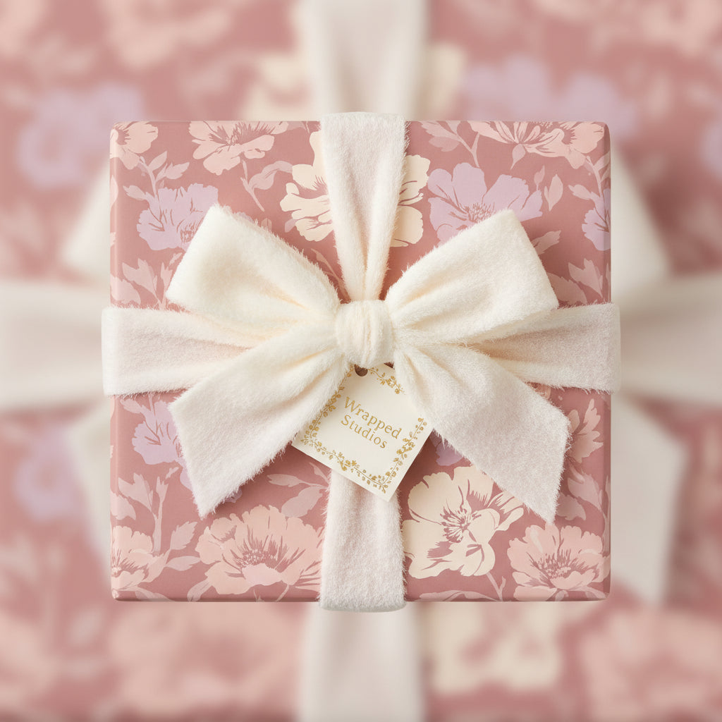 Elegant floral wrapping paper in mauve with a soft white ribbon bow and gift tag.