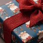 Western cowboy Santa Christmas wrapping paper with a red burlap bow, by Wrapped Studios.