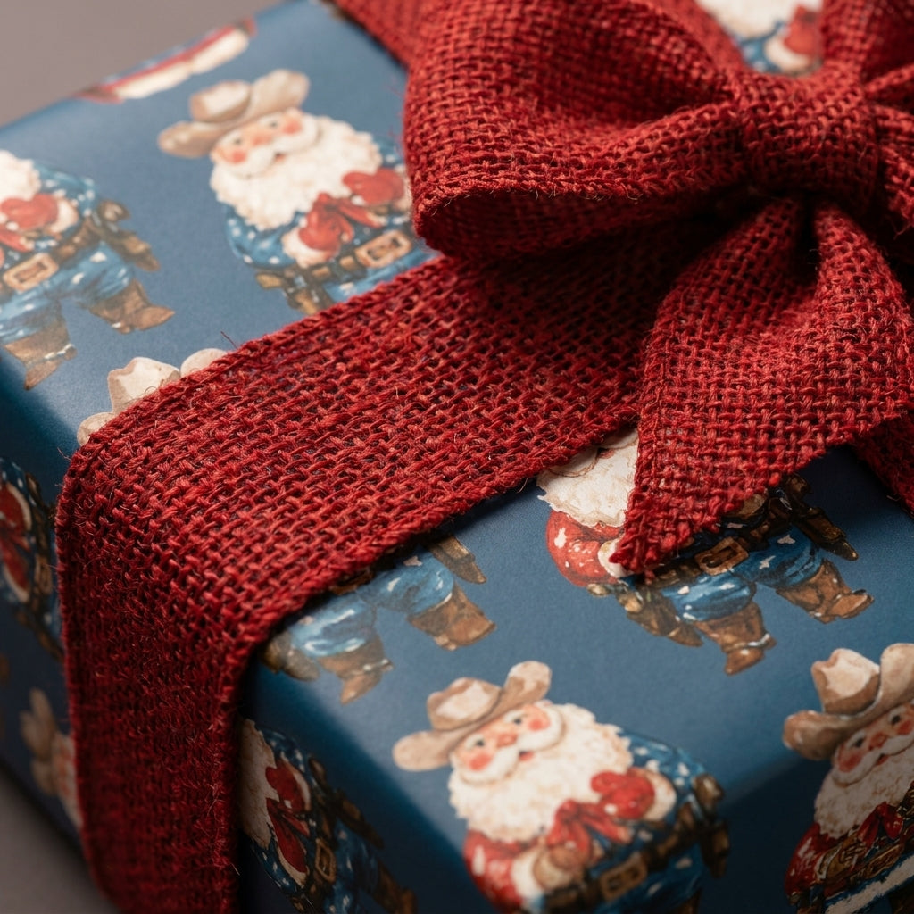 Western cowboy Santa Christmas wrapping paper with a red burlap bow, by Wrapped Studios.