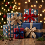 Western cowboy Santa Christmas wrapping paper on gifts with velvet and burlap bows by Wrapped Studios.