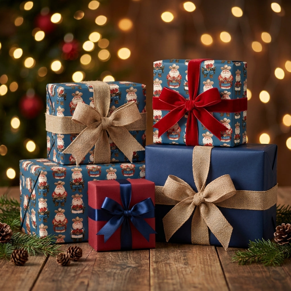 Western cowboy Santa Christmas wrapping paper on gifts with velvet and burlap bows by Wrapped Studios.