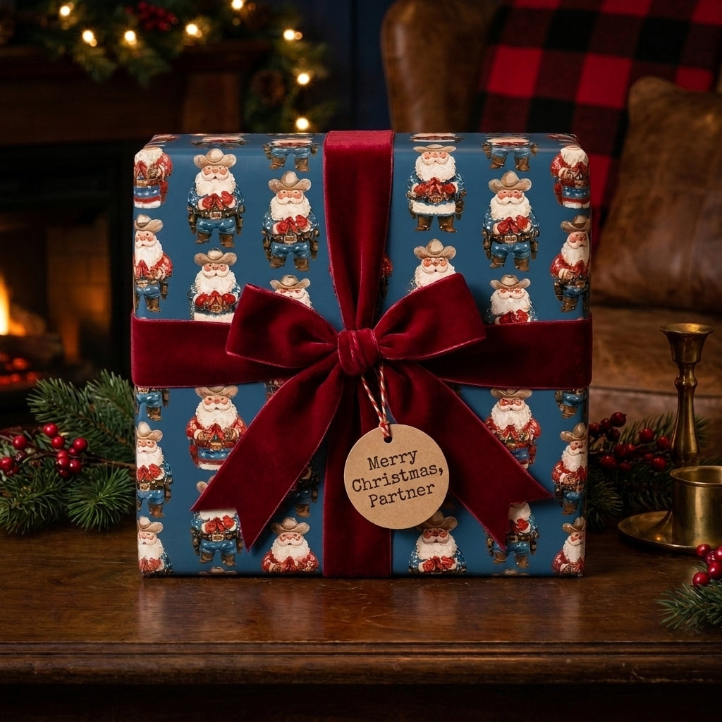 Blue cowboy Santa Christmas wrapping paper with a red velvet bow by Wrapped Studios.