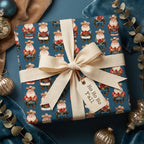 Western cowboy Santa Christmas wrapping paper with a cream bow and gift tag by Wrapped Studios.