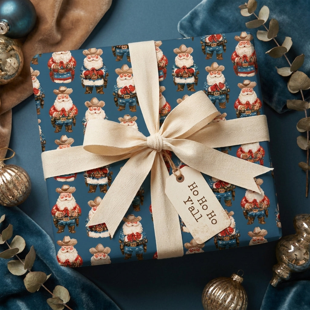 Western cowboy Santa Christmas wrapping paper with a cream bow and gift tag by Wrapped Studios.