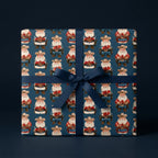 Western Christmas gift wrap with a cowboy Santa pattern and navy blue ribbon by Wrapped Studios.