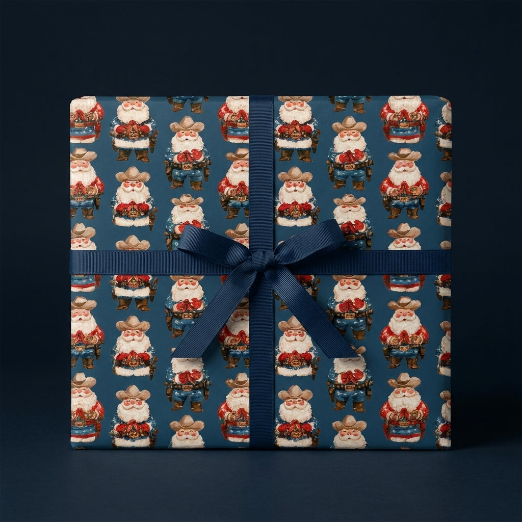 Western Christmas gift wrap with a cowboy Santa pattern and navy blue ribbon by Wrapped Studios.