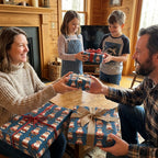 Family exchanging gifts wrapped in cowboy Santa Christmas wrapping paper with rustic bows by Wrapped Studios.