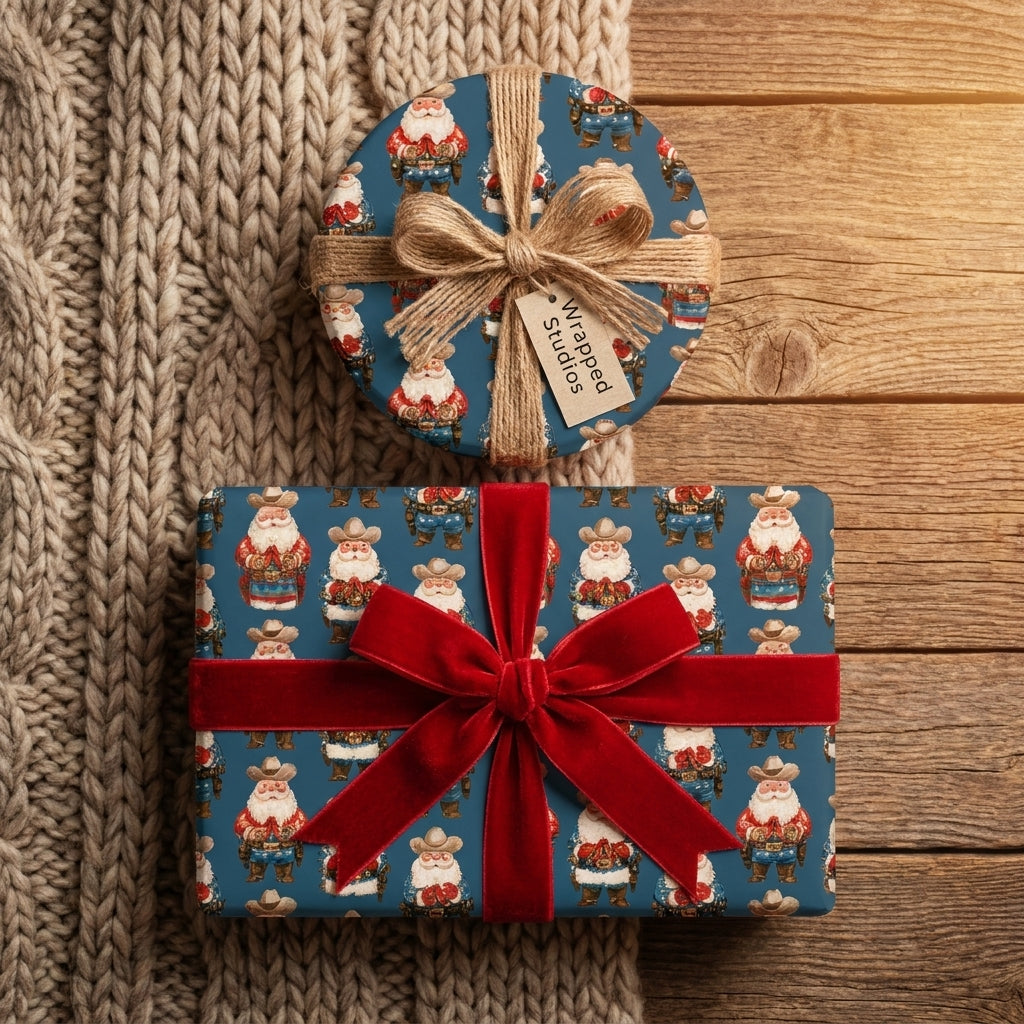 Cowboy Santa western Christmas wrapping paper on gifts with a red velvet bow, by Wrapped Studios.