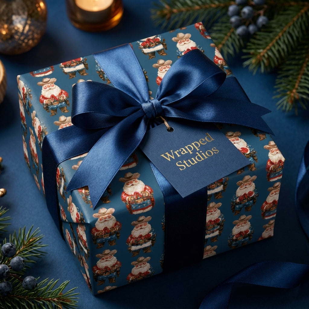 Western cowboy Santa Christmas wrapping paper with a navy blue satin bow on a holiday gift by Wrapped Studios.