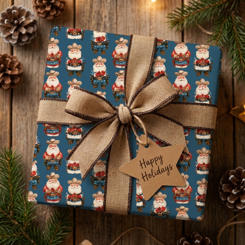 Western cowboy Santa Christmas wrapping paper with rustic burlap bow by Wrapped Studios.