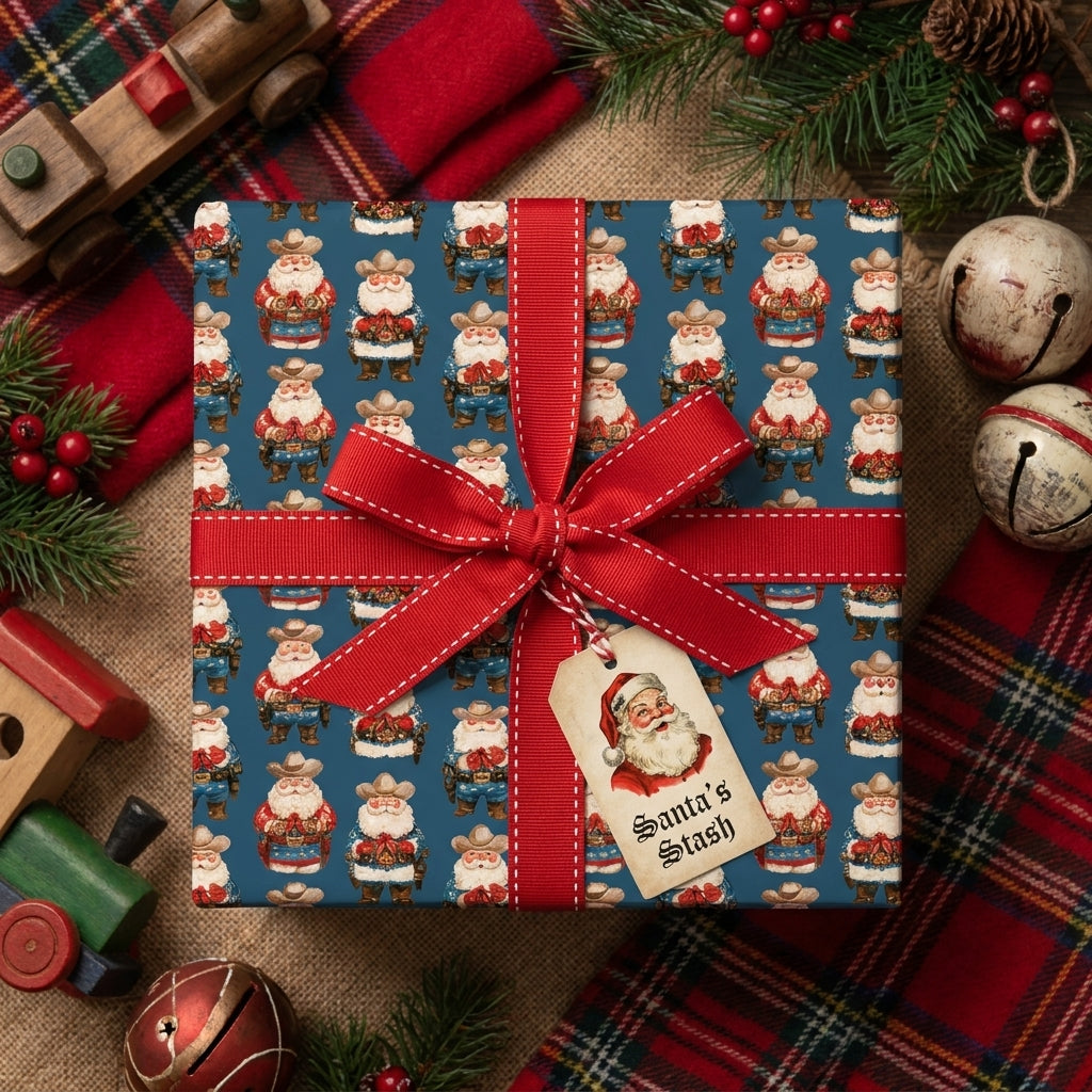 Western cowboy Santa Christmas wrapping paper with a red bow, holiday gift wrap by Wrapped Studios.