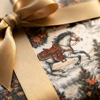 Vintage horse Christmas gift wrap with a gold satin bow by Wrapped Studios.