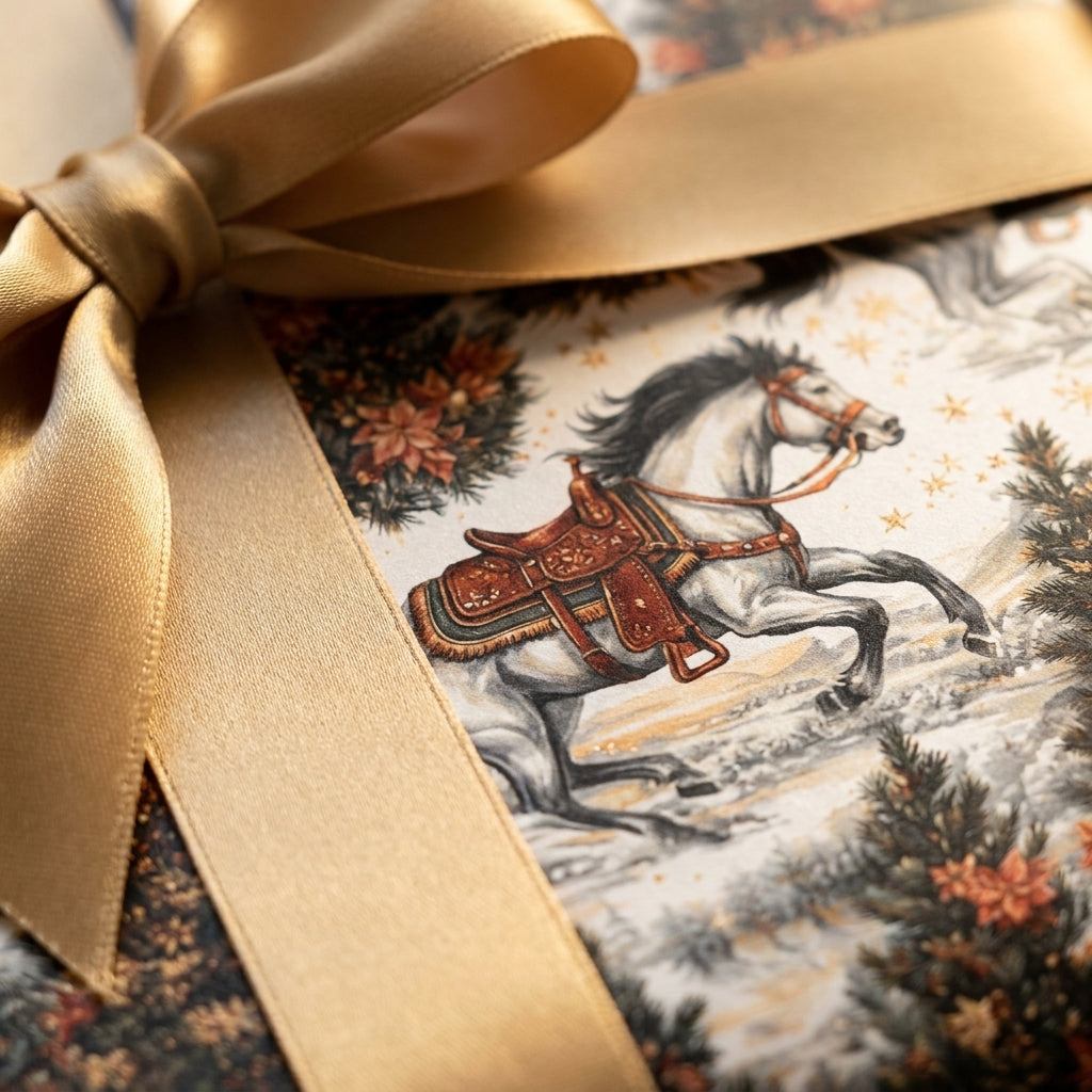 Vintage horse Christmas gift wrap with a gold satin bow by Wrapped Studios.