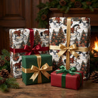 Vintage equestrian Christmas wrapping paper on gift boxes by a fireplace, by Wrapped Studios.