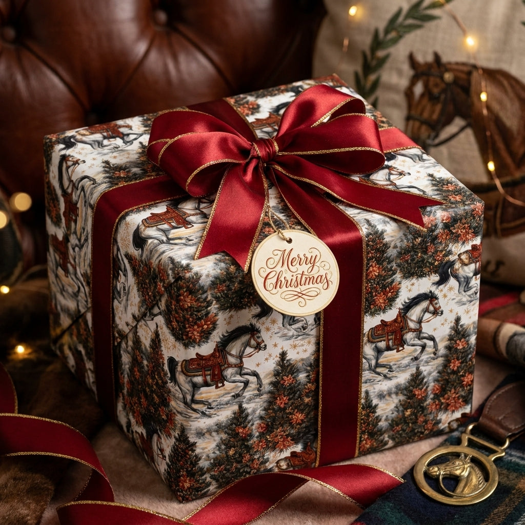 Equestrian Christmas wrapping paper with vintage horse pattern and a red satin bow, by Wrapped Studios.