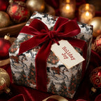 Luxury vintage Christmas wrapping paper with horse print and red velvet bow by Wrapped Studios.