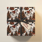 Vintage horse Christmas wrapping paper with charcoal velvet bow and gift tag, by Wrapped Studios.