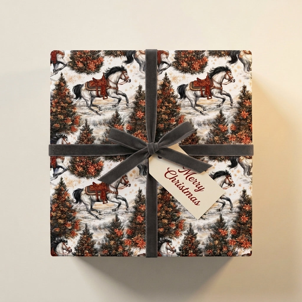 Vintage horse Christmas wrapping paper with charcoal velvet bow and gift tag, by Wrapped Studios.