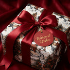 Vintage horse Christmas wrapping paper by Wrapped Studios with a luxury red satin bow and gift tag.