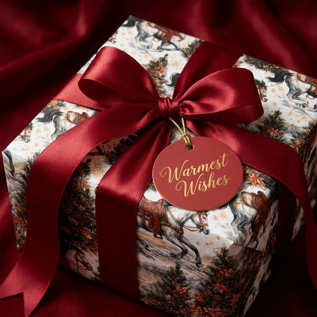 Vintage horse Christmas wrapping paper by Wrapped Studios with a luxury red satin bow and gift tag.