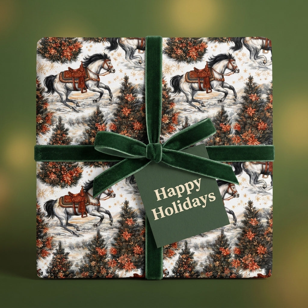 Vintage equestrian Christmas wrapping paper with green velvet bow and Holiday tag by Wrapped Studios.
