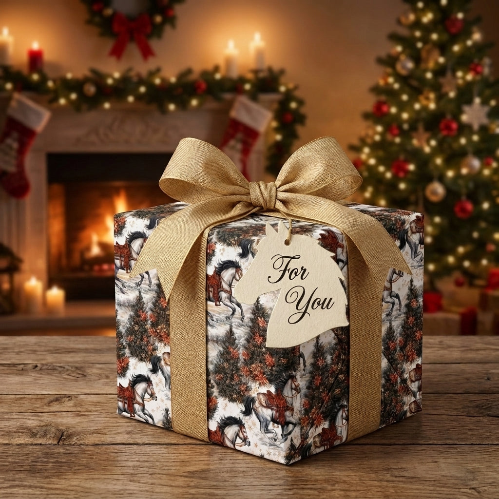 Rustic horse Christmas wrapping paper on a gift box with a gold bow by Wrapped Studios.